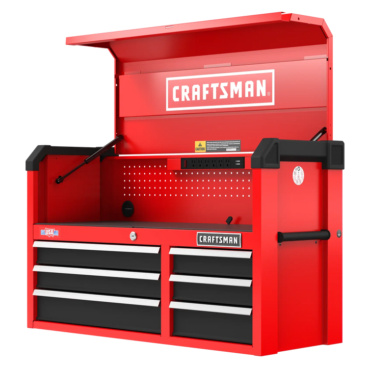 Front angle photo of Craftsman red tool chest with open top, drawers, and SKU CMST98269RB.