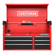 Front angle photo of CRAFTSMAN red tool chest CMST98269RB with six drawers and open top lid.