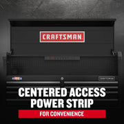 Photo of Craftsman tool chest graphics CMST98272BK showing centered power strip and prominent Craftsman logo.