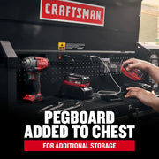 Photo of Craftsman tool chest CMST98272BK with pegboard and cordless tool storage in workshop setting.