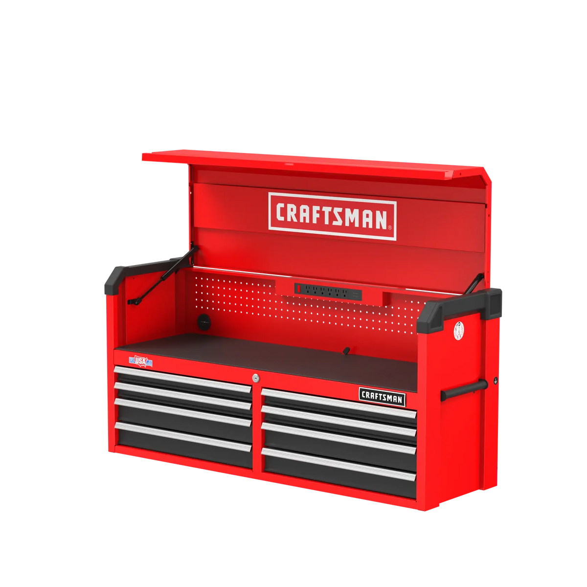 Photo of Craftsman red tool chest CMST98272RB with open lid, six drawers, and pegboard, angled on white background.