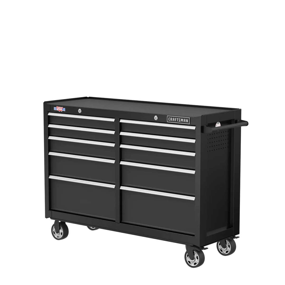 Photo of Craftsman black rolling tool chest with nine drawers, side handle, and visible wheels, SKU CMST98273BK, angled view.