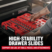 Photo of CRAFTSMAN tool drawer CMST98273BK with red organizer tray holding sockets, ratchets, and assorted hand tools.