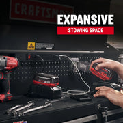 Photo of CRAFTSMAN CMST98273BK tool storage graphic showing expansive stowing space with tools, charger, and batteries.