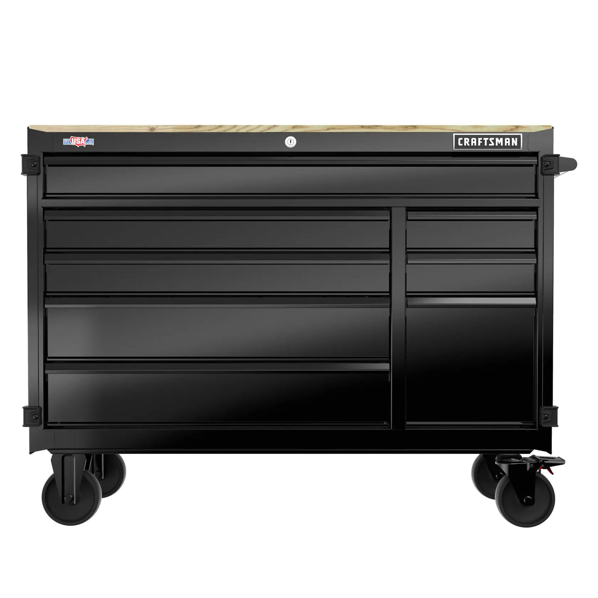 Front angle photo of Craftsman black tool chest CMST98274BK with multiple drawers and wood top on caster wheels.