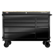 Front angle photo of Craftsman black tool chest CMST98274BK with multiple drawers and wood top on caster wheels.