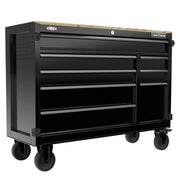 Craftsman CMST98274BK black rolling tool chest with wood top, multiple drawers, front angle on white background.