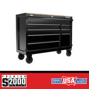 CRAFTSMAN CMST98274BK black mobile tool chest with wood top, S2000 Series, front angle photo.