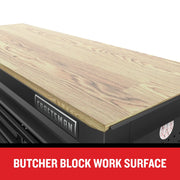 Craftsman butcher block work surface on tool chest, natural wood finish, angled view, CMST98274BK.