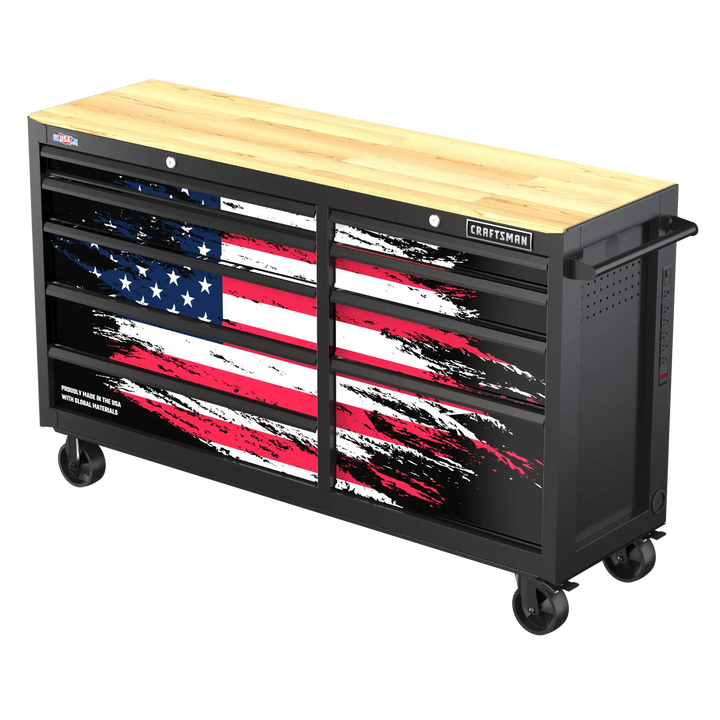CRAFTSMAN CMST98275P rolling tool chest with wood top, American flag graphic, front angle view.