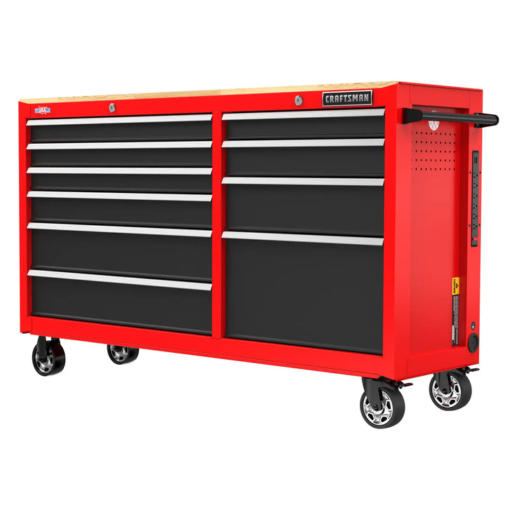 Craftsman CMST98275RB red rolling tool chest with wood top, black drawers, front angle photo.