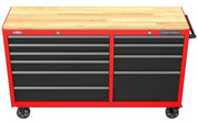 A red and black rolling tool chest with multiple drawers and a light wood top, designed for tool storage and organization. The unit has wheels for mobility and a handle on the side.