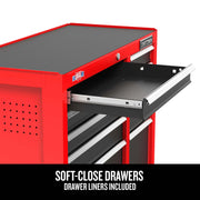 A close-up image of a red Craftsman tool chest with multiple drawers. One drawer is open, showing its interior. The cabinet has a 'Made in USA' sticker and the text on the image reads, 'Soft-close drawers. Drawer liners included.'