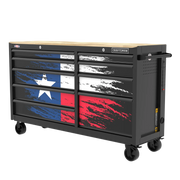 A CRAFTSMAN rolling tool chest with a wooden top surface and black metal body, featuring a Texas flag design painted across