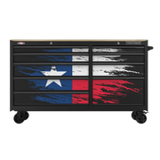 A CRAFTSMAN rolling tool chest decorated with a distressed Texas flag design on the drawer fronts. The cabinet is black with
