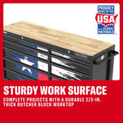 CRAFTSMAN tool chest with Texas flag design and sturdy butcher block worktop, made in USA with global materials.