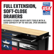 CRAFTSMAN tool chest with soft-close drawers, wood top, Texas flag design, holds 100 lbs per drawer, USA made.