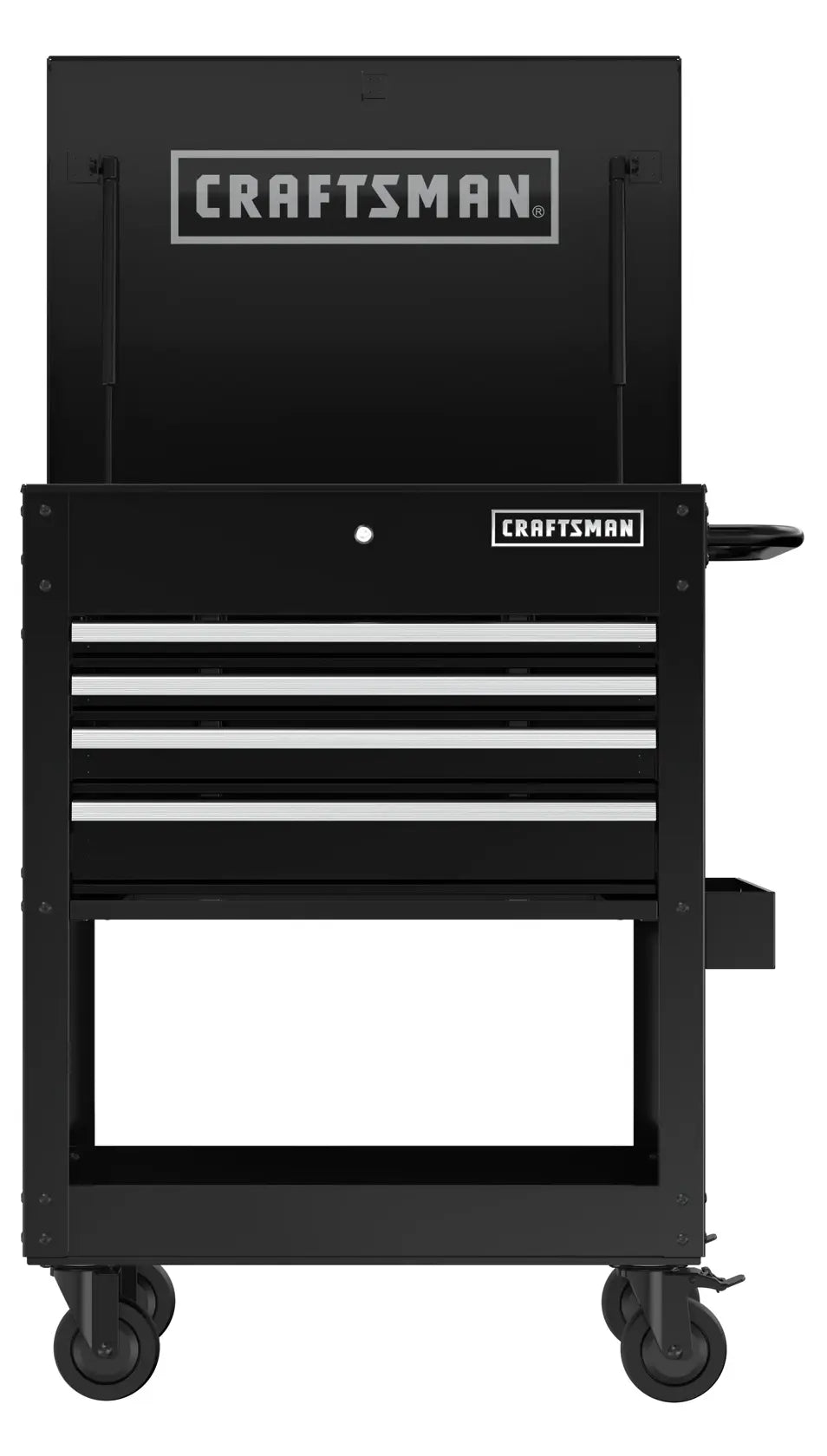 Front view photo of Craftsman CMST98276BK black rolling tool chest with open top lid and four drawers.