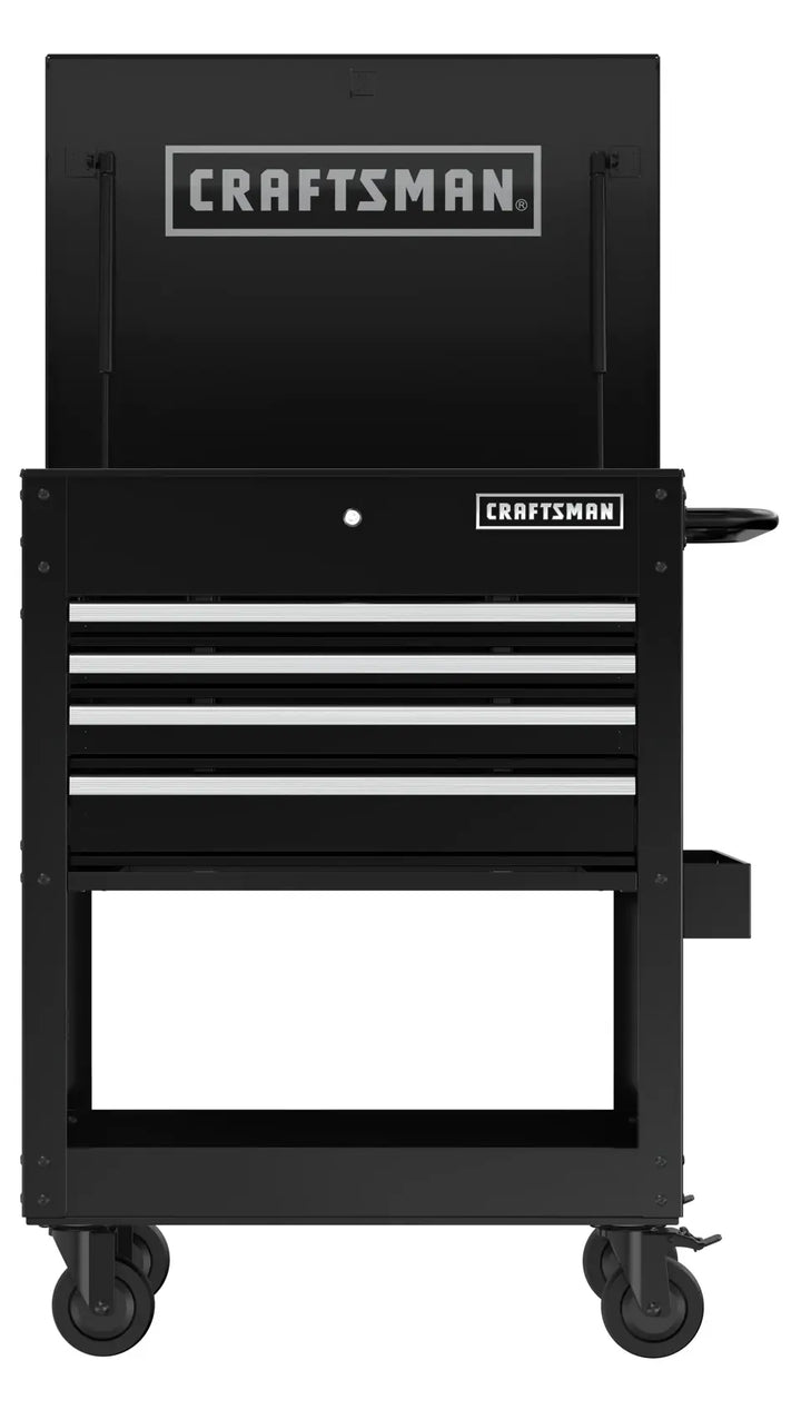 Front view photo of Craftsman CMST98276BK black rolling tool chest with open top lid and four drawers.