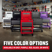 Photo of CRAFTSMAN tool chests CMST98276BK in five colors: white, black, red, grey, and purple, shown in a garage.