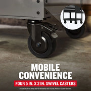 Craftsman graphics CMST98276BK, close-up of black swivel caster on gray storage unit.