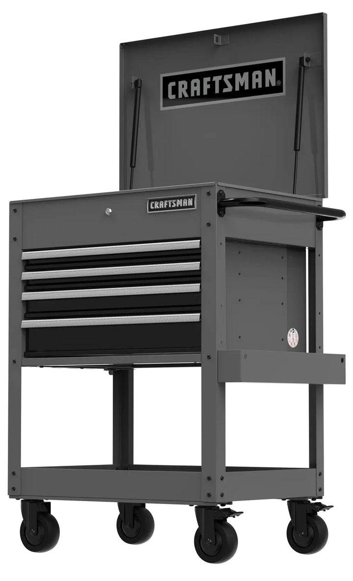 Photo of Craftsman rolling tool chest CMST98276GB with four drawers, open top, and side handle, front angle.