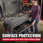 Craftsman graphics CMST98276GB showing drawer liners in tool chest to keep tools from sliding, garage setting.