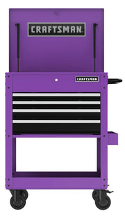 Front angle photo of Craftsman CMST98276PB purple rolling tool chest with three drawers and open top.