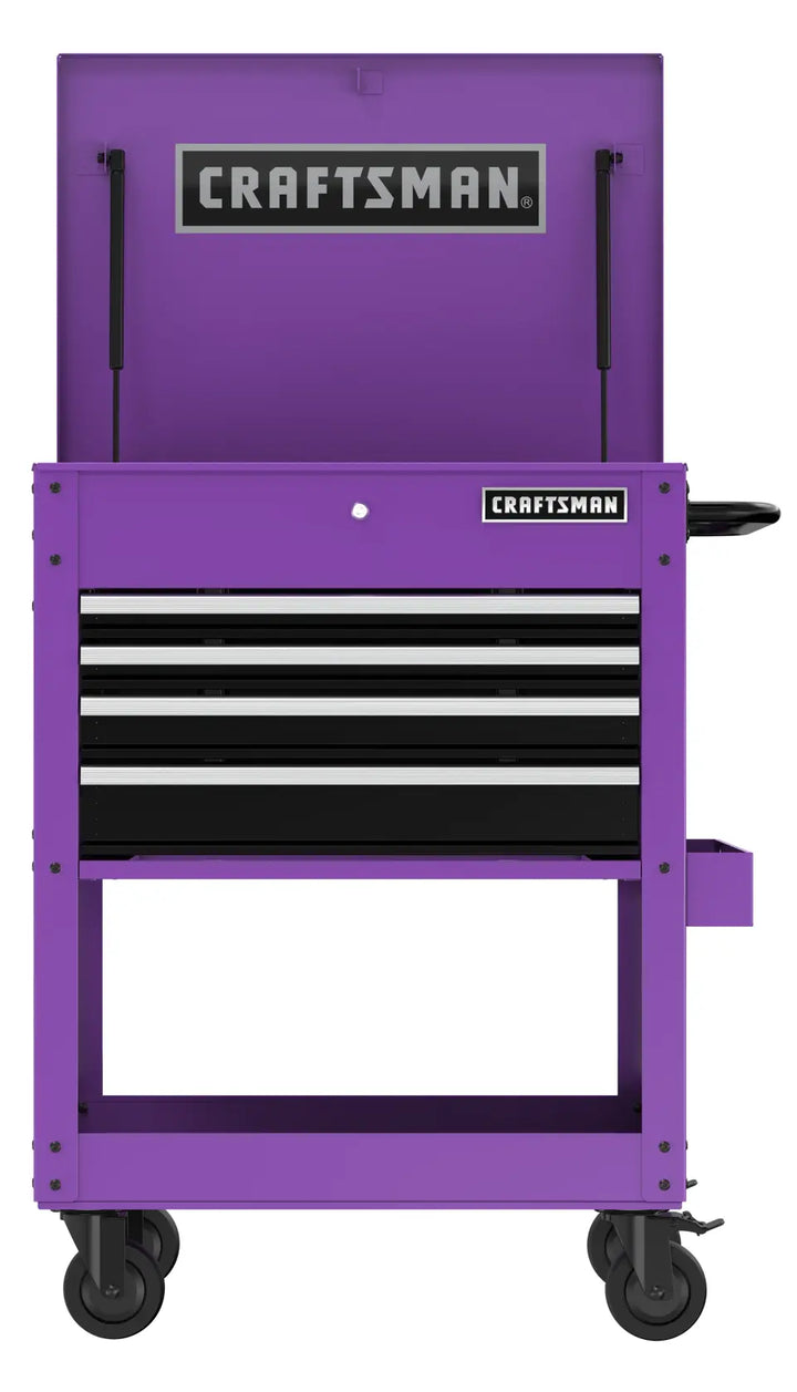 Front angle photo of Craftsman CMST98276PB purple rolling tool chest with three drawers and open top.