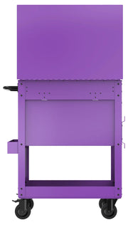 Photo of Craftsman purple rolling tool chest CMST98276PB, rear angle, with caster wheels and side handle.