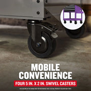 Craftsman CMST98276PB graphics showing close-up of black 5 in x 2 in swivel caster on tool chest, with inset caster detail.