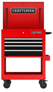 Front view photo of Craftsman CMST98276RB red rolling tool chest with four black drawers and open lid.