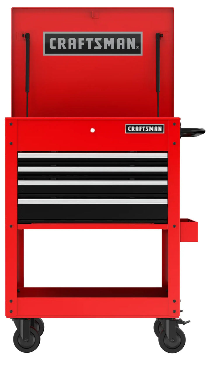 Front view photo of Craftsman CMST98276RB red rolling tool chest with four black drawers and open lid.