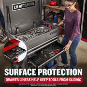 Photo of Craftsman tool chest with CMST98276RB drawer liners, black liners inside drawers holding assorted hand tools.