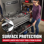 CRAFTSMAN CMST98276WW graphics showing tool drawer liners protecting tools in a gray tool chest at frontal angle.