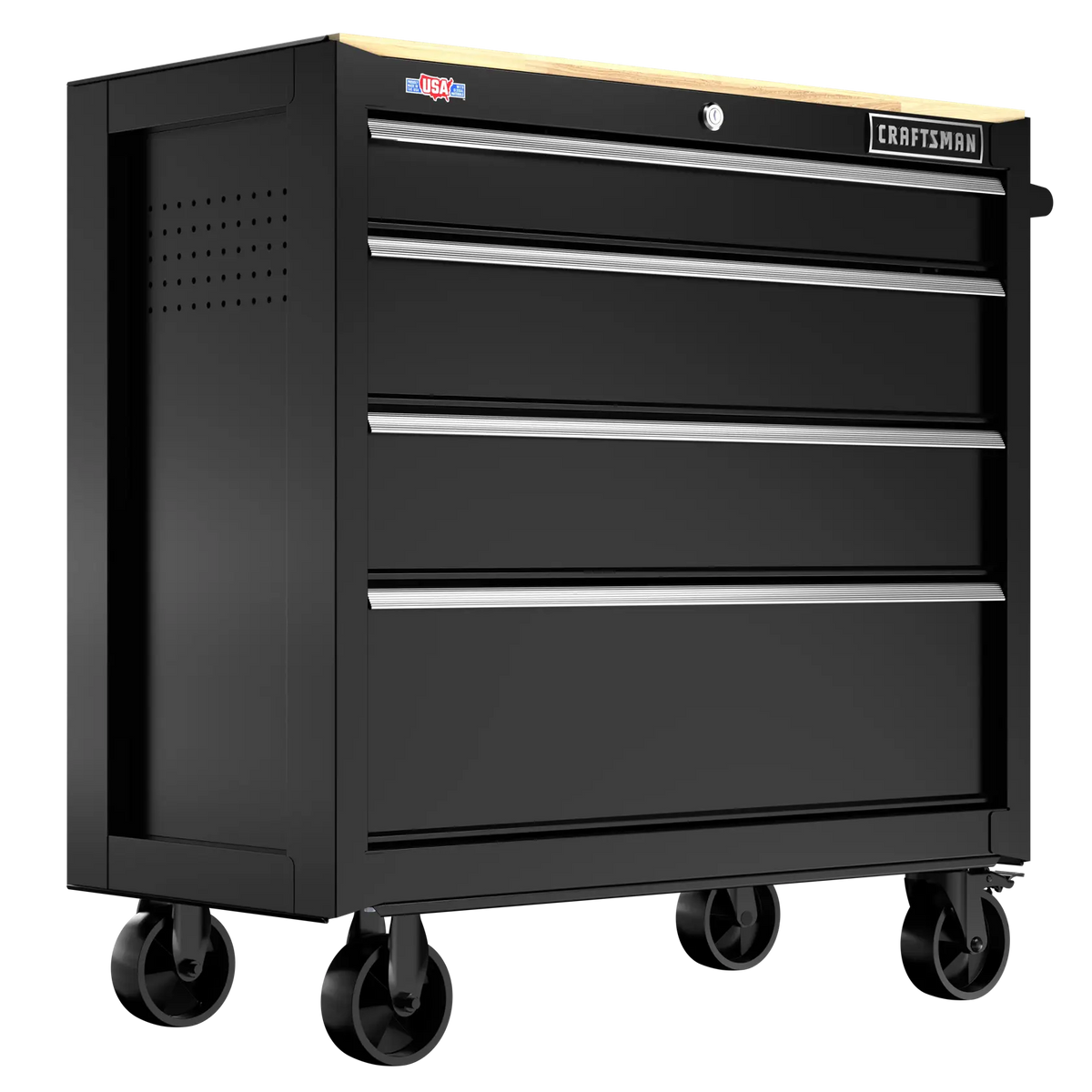 Craftsman CMST98278BK black rolling tool chest with wood top and four drawers, angled product photo.