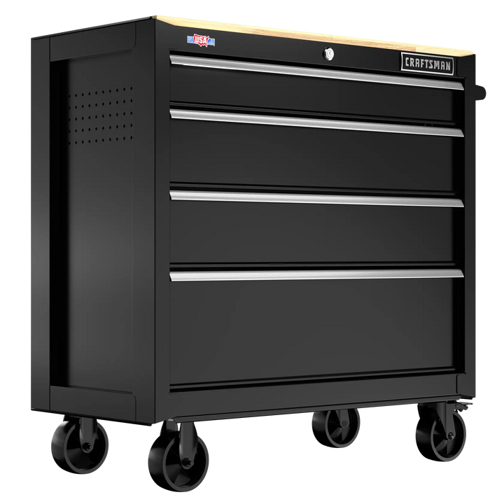 Craftsman CMST98278BK black rolling tool chest with wood top and four drawers, angled product photo.