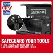 Photo of Craftsman graphics CMST98281P showing toolbox with internal lock and overmolded key, angled view.