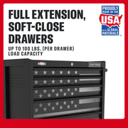 Photo of Craftsman graphics tool chest CMST98282P with star pattern drawers, left angle, soft-close feature.