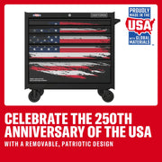 CRAFTSMAN CMST98284P graphics rolling tool chest with USA flag design, front angle, white background.