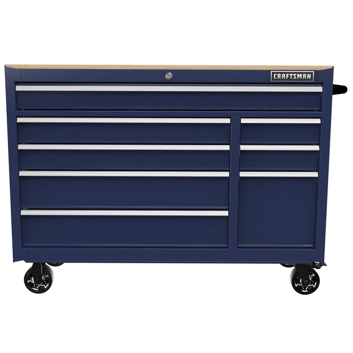 Front view photo of Craftsman rolling tool chest with wood top, navy blue finish, CMST98529BB.