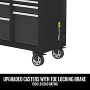 Partial view of a black tool chest or cabinet with upgraded caster wheels featuring toe locking brakes. Text on the image states a 1500 lb load rating.