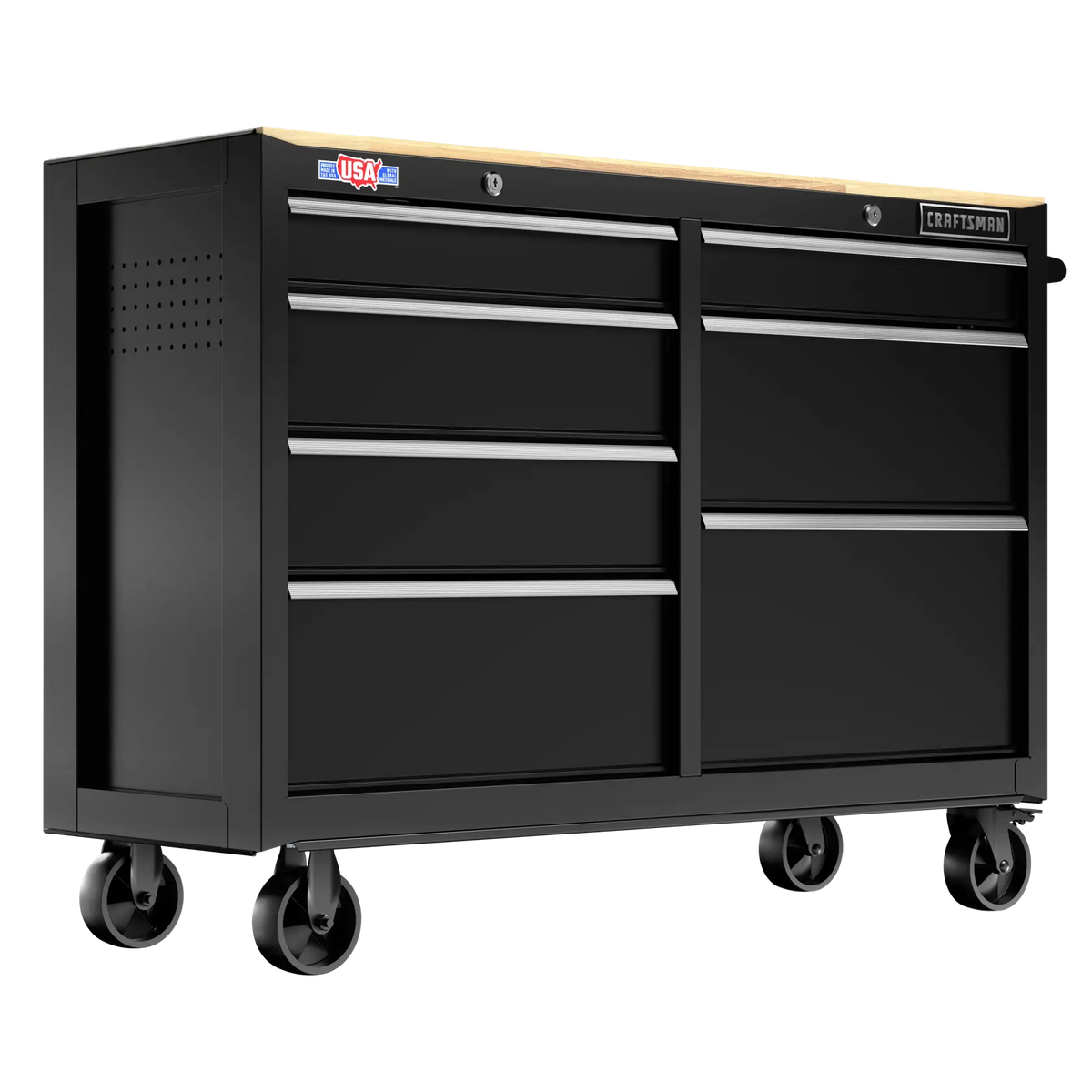 Craftsman black rolling tool chest with wood top, eight drawers, front angle, CMST98530BK.