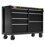 Craftsman black rolling tool chest with wood top, eight drawers, front angle, CMST98530BK.