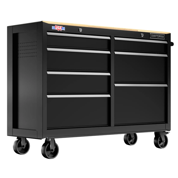 Craftsman black rolling tool chest with wood top, eight drawers, front angle, CMST98530BK.