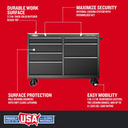 Front view photo of Craftsman black tool chest CMST98530BK with butcher block top and six drawers on casters.