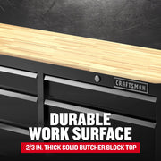 Photo of Craftsman black tool chest with solid butcher block wood top, CMST98530BK, shown from front angle.