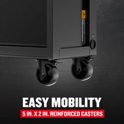 Photo of Craftsman graphics CMST98530BK showing close-up of two reinforced black casters on cabinet for easy mobility.