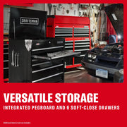 Photo of CRAFTSMAN CMSTUC06BK black tool chest with open lid, pegboard side, and six soft-close drawers in a garage.