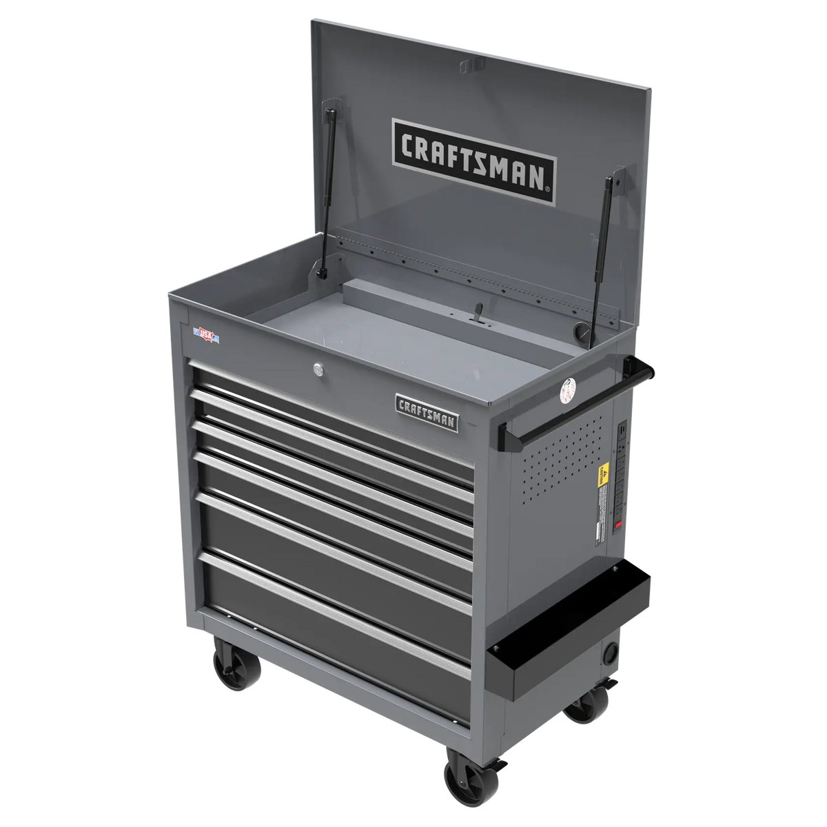 A gray metal tool chest on wheels with multiple drawers and a top compartment, featuring the CRAFTSMAN logo on the front and inside the open lid.